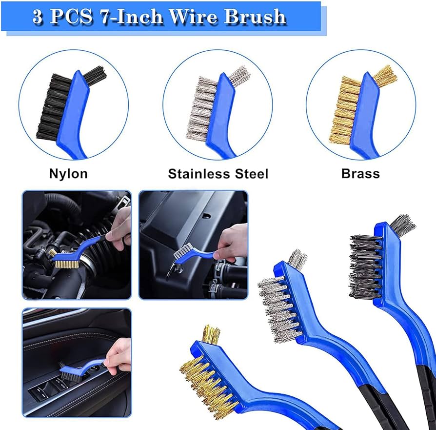 Mini Wire Detail Brush 3pc Set – Nylon, Brass, Stainless Steel – Metal Detail Brushes for Cleaning & Automotive