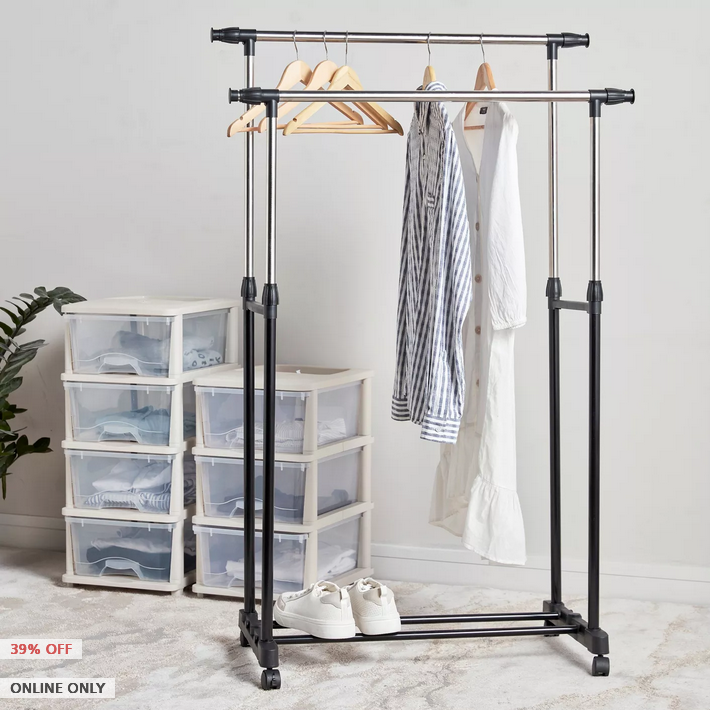 HomeCentre : MEGAN : Extendable Double Cloths Rail With Wheels