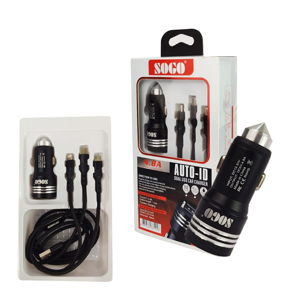 Sogo Dual USB Fast Car Charger with Data Cable 3 in 1 4.8 Quick Charge Power