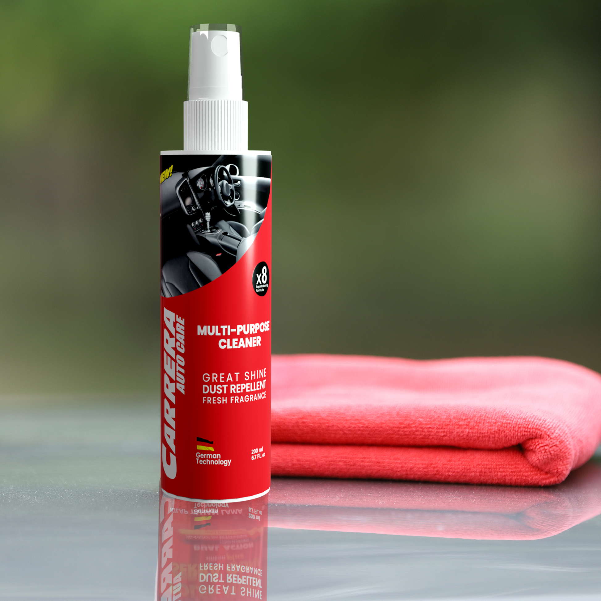 Bottle of Carrera Dashboard cleaner and towel