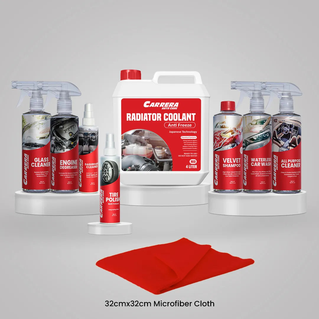 Shampoo 500ml + Dashboard Cleaner + All Purpose Cleaner + water Less + Glass Cleaner + Engine Degreaser + Tire Polish (Carrera Complete Kit)  Anti Freeze With microfiber