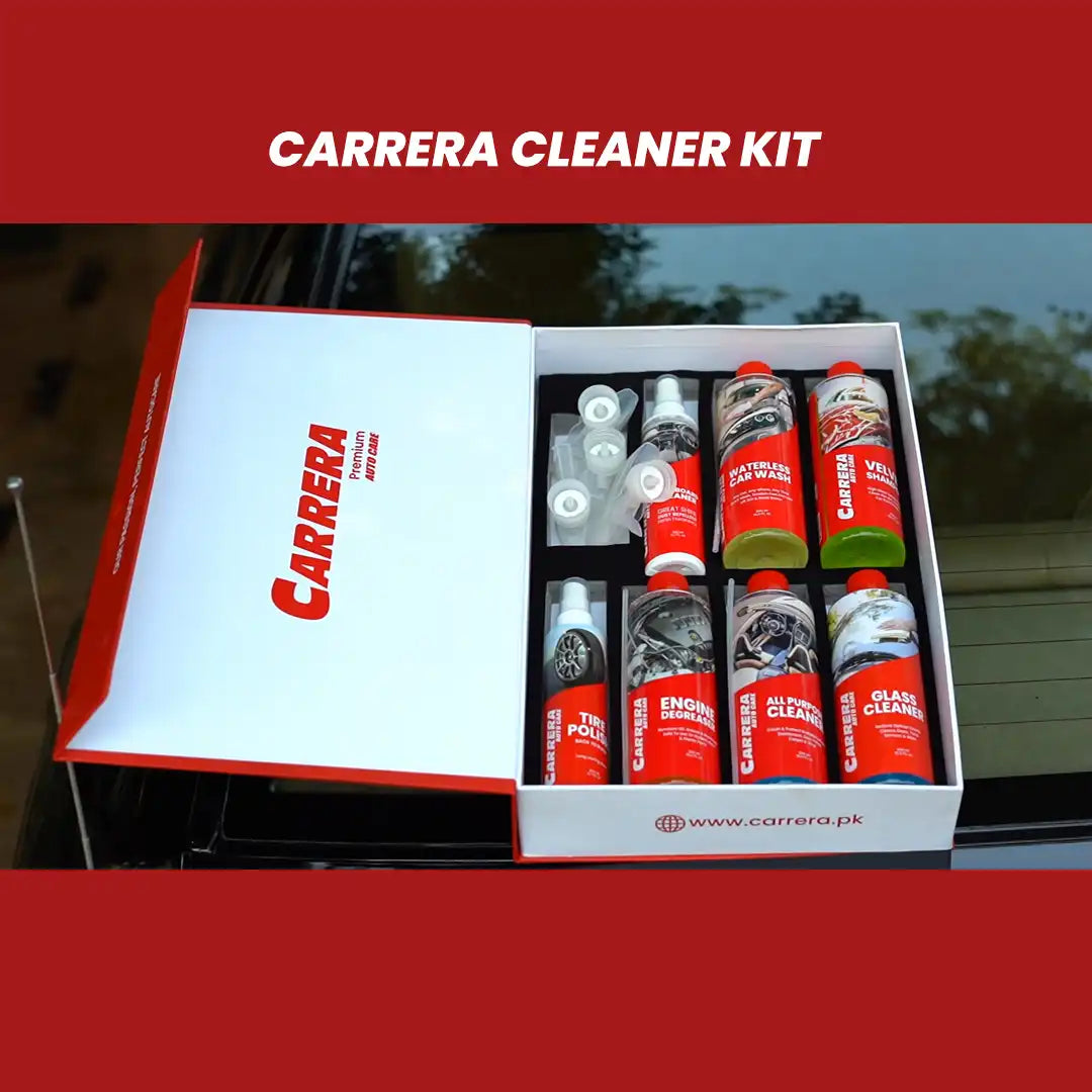 Shampoo 500ml + Dashboard Cleaner + All Purpose Cleaner + water Less + Glass Cleaner + Engine Degreaser + Tire Polish (Carrera Complete Kit)