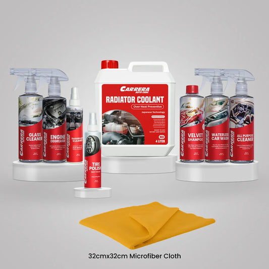 Shampoo 500ml + Dashboard Cleaner + All Purpose Cleaner + Waterless + Glass Cleaner + Engine Degreaser + Tire Polish (Carrera Complete Kit) OHP With microfiber